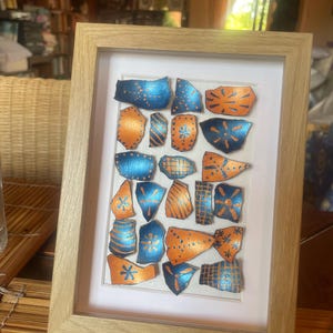 Shiny, hand made eggshell abstract 3D  framed wall art in blue and orange colors
