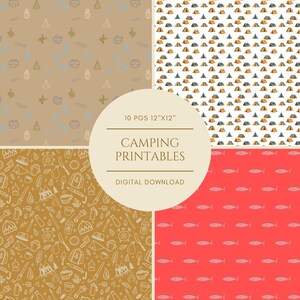 Puede incluir: Una descarga digital de imprimibles de camping. La imagen presenta cuatro fondos estampados: un fondo beige con iconos de camping, un fondo blanco con tiendas de campaña, un fondo dorado con iconos de camping y un fondo rojo con peces. El texto dice "10 PGS 30,5cmX30,5cm CAMPING PRINTABLES DIGITAL DOWNLOAD."