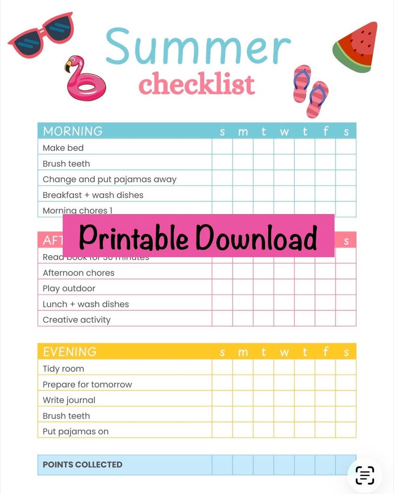 Summer Chore Checklist for Kids | Daily Routine Responsibility Chart ...
