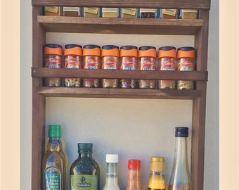 Rustic Spice Rack with Bottle Shelf, 3 Shelves, Wooden Kitchen Larder Storage, Country Farmhouse Decor - Jacobean Oak - 25.5cm to 57cm Wide
