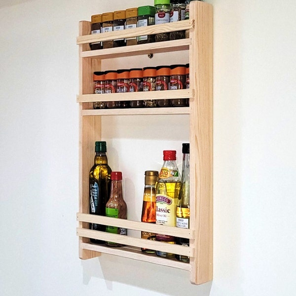 Rustic Spice and Bottle Rack with 3 Shelves, Wooden Kitchen Storage for Larder Pantry Door (Ready to Paint) - 25.5cm to 57cm Wide