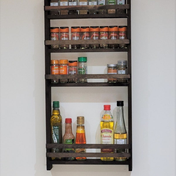 Spice and Oil Rack, 4 Shelves, Bottle Shelf, Wooden Kitchen Storage Larder Pantry, Country Home Decor - Jacobean Oak - 25.5cm to 57cm Wide