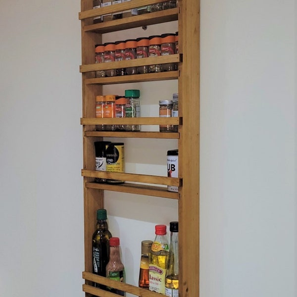 Rustic Spice Rack with Bottle Shelf, 5 Shelves, Wooden Kitchen Storage, Home Decor - Light Oak - 25.5cm to 57cm Wide