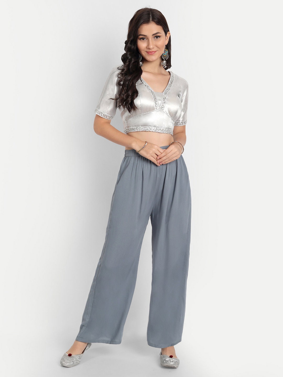 Padded Silk Fancy V Neck Belted Elbow Sleeve Blousesilver Etsy