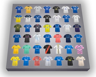May include: A collage of Everton Football Club jerseys from the 2011/12 to 2024/25 seasons. The jerseys are arranged in a grid pattern, with each jersey representing a different season. The jerseys feature various sponsors, including Cazoo and Stake.