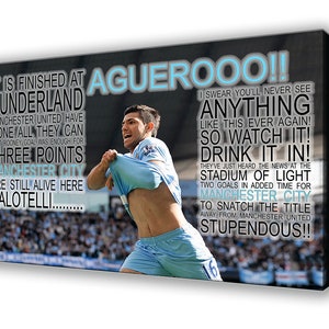 Manchester City FC - Sergio Aguero - Goal v QPR 2012 - Wall Canvas - Picture - Hand Made in the UK 65cm x 41cm