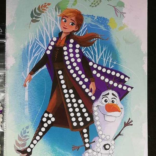 carte postale, stickers, autocollant diamants painting Anna et Olaf, la reine des neiges  Disney- strass ronds (diamond painting)