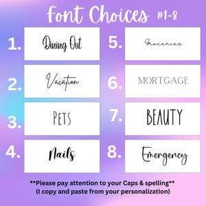 May include: A chart with eight numbered boxes, each containing a different font style. The boxes are labeled with the following categories: Dining Out, Vacation, Pets, Nails, Groceries, Mortgage, Beauty, and Emergency.