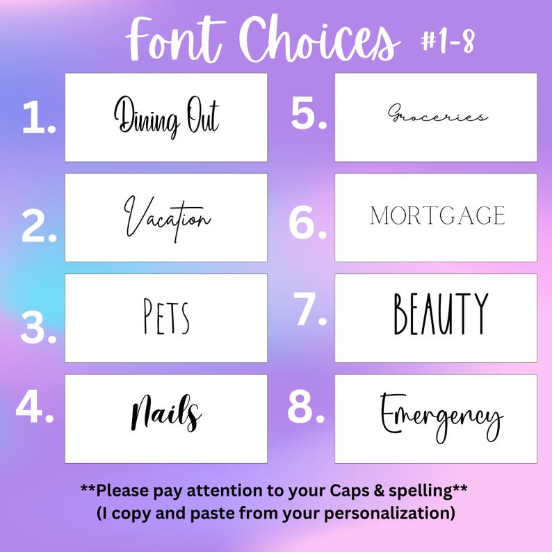 May include: A chart with eight numbered boxes, each containing a different font style. The boxes are labeled with the following categories: Dining Out, Vacation, Pets, Nails, Groceries, Mortgage, Beauty, and Emergency.