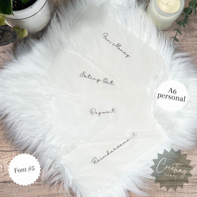 May include: Four white envelopes with black text labels: "Fun Money", "Eating Out", "Deposit", and "Reimbursement". The envelopes are on a white fluffy surface. The text "A6 personal" is visible in the upper right corner of the image.