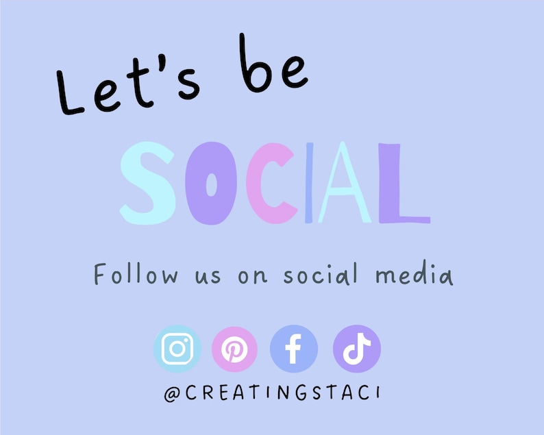 Puede incluir: Un letrero gr&aacute;fico de color morado claro con el texto negro Let's be, la palabra SOCIAL en letras grandes de color azul claro, morado y rosa, el texto Follow us on social media, cuatro iconos circulares de redes sociales y @CREATINGSTACI.