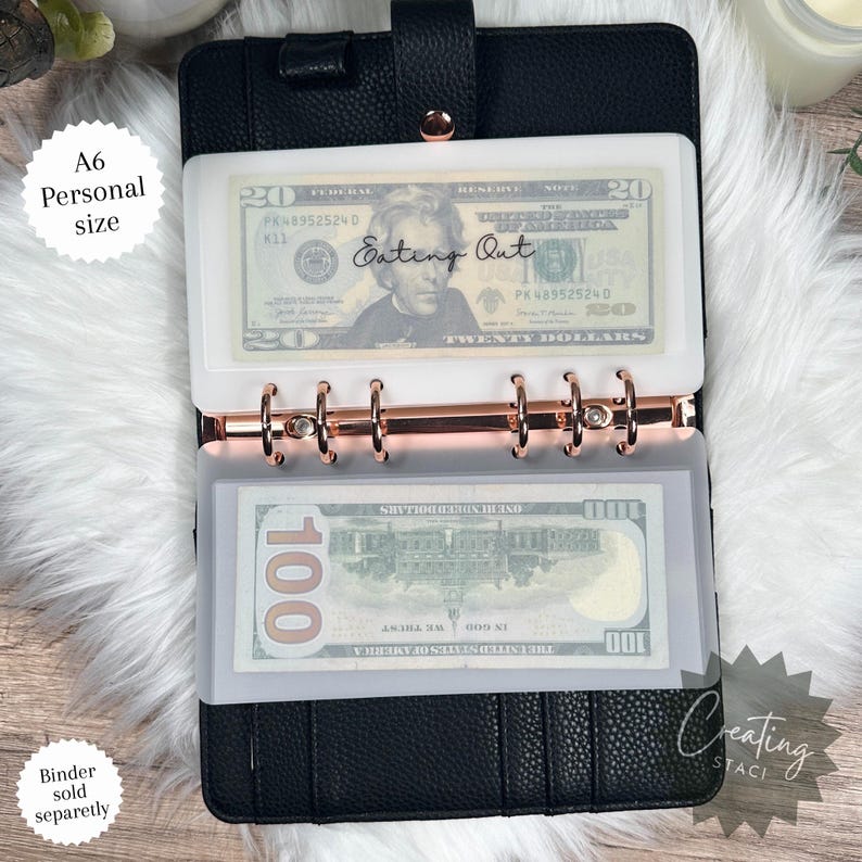 May include: A black A6 personal size binder with a clear plastic pocket for cash. The pocket has the text "Eating Out" written on it. The binder has a rose gold ring mechanism. There are two bills in the pocket, a $20 bill and a $100 bill.