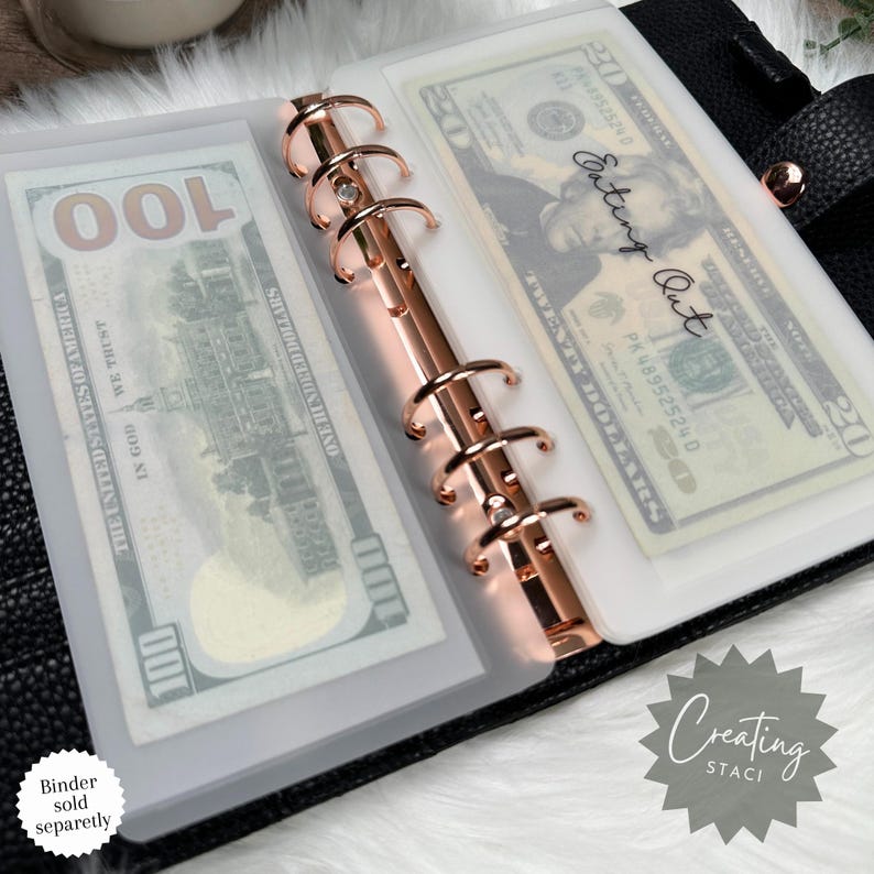 May include: A black leather binder with rose gold rings and clear plastic cash envelopes. The envelopes are labeled "100" and "Spending Out".