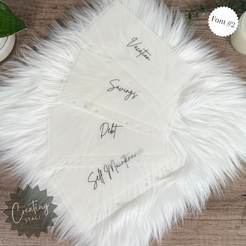 May include: Four clear plastic envelopes with holes for a binder. The envelopes are labeled with the words "Vacation", "Savings", "Debt", and "Self Maintenance".