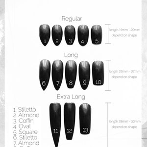 May include: Chart showing different nail shapes and lengths for custom nail sets. The shapes include stiletto, almond, coffin, oval, and square. The lengths are regular, long, and extra long. The measurements are in millimeters.