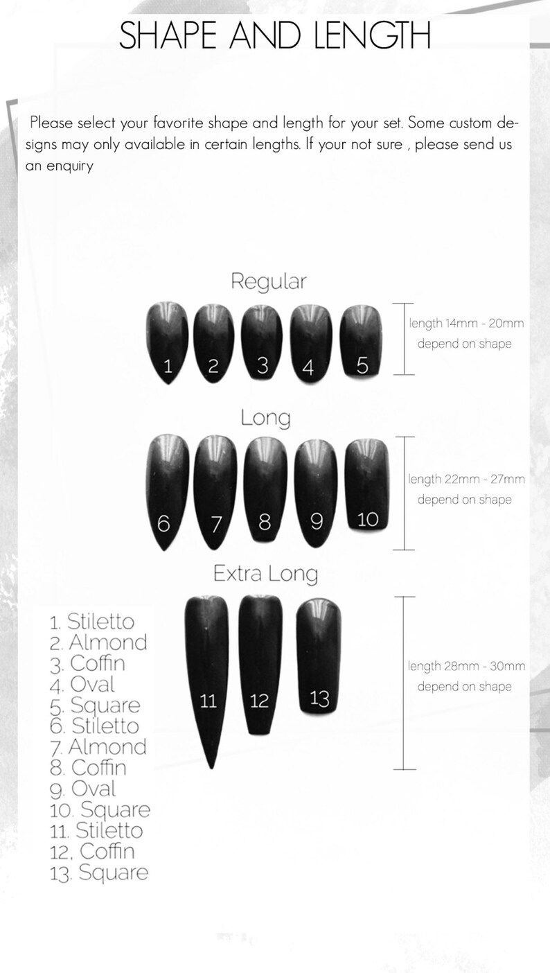 May include: Chart showing different nail shapes and lengths for custom nail sets. The shapes include stiletto, almond, coffin, oval, and square. The lengths are regular, long, and extra long. The measurements are in millimeters.