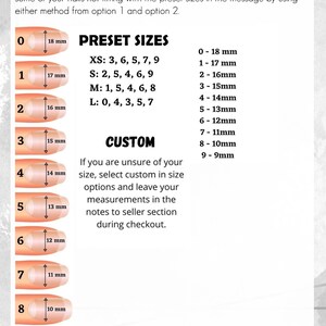 May include: A guide to measuring nail sizes for custom nail art. The image shows a chart with nine different nail sizes, ranging from 18 mm to 9 mm. The chart also includes a section for custom sizes, where customers can provide their own measurements.