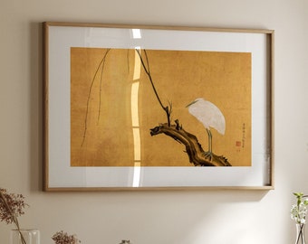 Heron on a Willow Tree Branch - Japanese Poster | Framed Vintage Japanese Wall Art | Antique Asian Art Print | Oriental Decor | Japandi