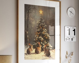 Impresión vintage de conejitos del bosque junto a un árbol de Navidad / Arte mural navideño vintage / Arte mural rústico enmarcado / Decoración rústica de invierno
