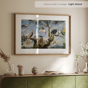 Concierto de pájaros: póster de animales vintage, arte de pared de granja enmarcado, decoración rústica para el hogar, impresión de animales de bellas artes, pintura de pájaros antiguos