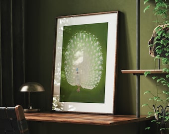 Puede incluir: Impresión artística enmarcada que presenta un pavo real blanco con una cola detallada sobre un fondo verde. La obra de arte se muestra en un marco de madera oscura, añadiendo un toque de elegancia. La impresión se exhibe en un escritorio de madera.
