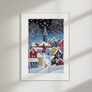 Póster navideño vintage de un pueblo / Arte de pared invernal enmarcado