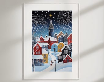 Póster navideño / Impresión de ilustración navideña / Arte mural navideño vintage / Arte mural rústico enmarcado / Decoración rústica de invierno