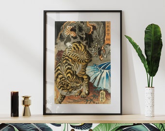 Dragon and Tiger - Japanese Poster | Framed Vintage Japanese Wall Art | Antique Asian Art Print | Oriental Decor | Japandi | Ukiyo-e