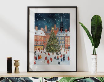 Póster navideño / Impresión navideña de patinaje sobre hielo / Arte mural navideño vintage / Arte mural rústico enmarcado / Decoración rústica de invierno