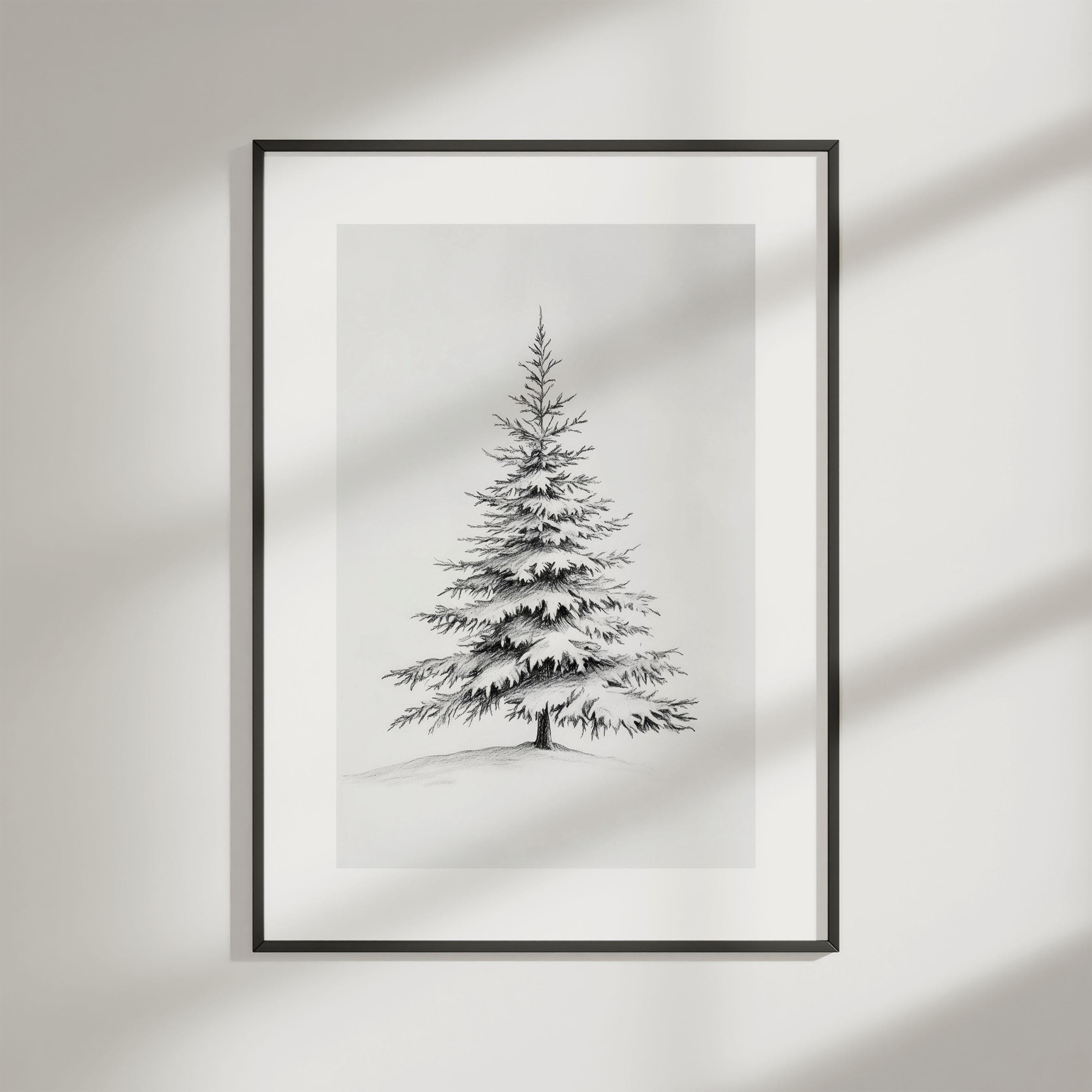 Póster navideño nevado / Impresión de árbol de Navidad en blanco y negro / Arte mural navideño vintage / Arte mural rústico enmarcado / Decoración rústica de invierno