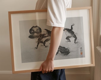 Framed Frogs Wrestling Japanese Ukiyo-e Art Print
