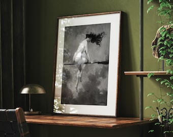 Witch on a Broom - Framed Poster Print | Vintage Gothic Wall Art | Women Vintage Painting | Départ pour le Sabbat by Albert Joseph Pénot