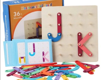 Wooden Geometric Nail Letter Spelling Board Puzzle Graphic Montessori Early Education Desktop DIY Toys For Kids