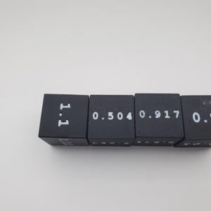 May include: Four black cubes with white numbers printed on them. The numbers are 1.1, 0.504, 0.917, and 0.9. The cubes are arranged in a row against a white background.