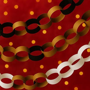 May include: Paper chain garland in black, gold, and white against a red background with yellow bokeh lights. The chains are linked together, creating a festive and decorative element. Perfect for parties and celebrations.