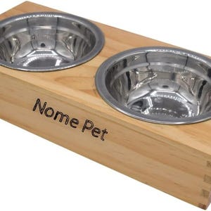 Ciotole Doppie per Cani e Gatti Personalizzate, Base in Legno di Pino, Ciotole Inox, Incise a Laser con il Nome, Made in Italy