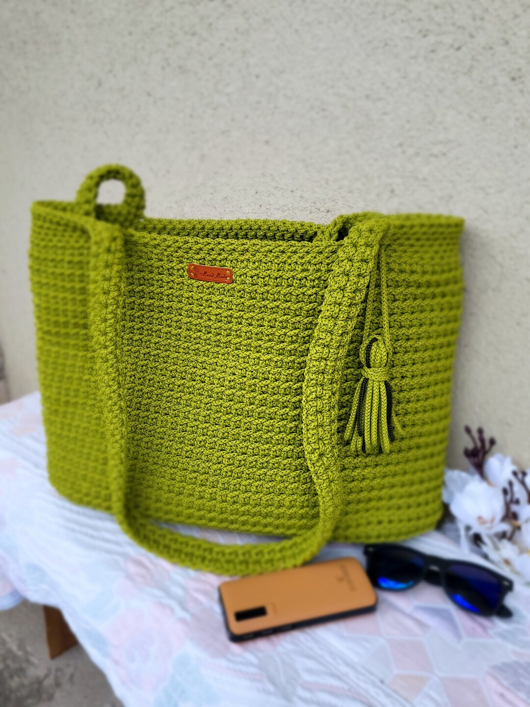 Lime Color Crochet Summer Bag. Multiuse Bag Crocheted for Shopping, Crocheted Summer Bag