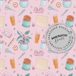 May include: A seamless pattern of office and stationery items on a pink backdrop. The design includes scissors, pens, tape dispensers, potted plants, and drinks. Also features a clock, paper clips, and sticky notes.