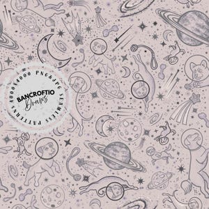 May include: A seamless pattern featuring space-themed illustrations. The design includes dogs in astronaut helmets, planets, stars, and shooting stars in shades of gray and white on a light purple background. The text "BANCROFTIO DRAWS" is in a circular design.