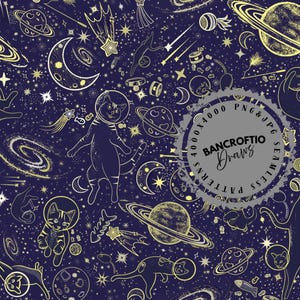 Vintage ruimtekat naadloos patroon PNG JPG | Retro kosmische astronautkat | Artemis II kitten katten Sterren Planeten Maan Herhaal stof downloaden