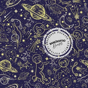 May include: A navy blue seamless pattern with a space theme, featuring dogs in astronaut suits, planets, stars, and shooting stars. The design includes the text "Bancroftio Draws" and "4000x4000 PNG & JPG SEAMLESS PATTERNS".
