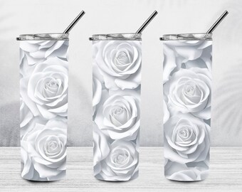 Diseño de sublimación de vaso flaco de 20 oz de rosa blanca 3D, envoltura de vaso de rosas 3D, envoltura de vaso 3D, vaso floral PNG