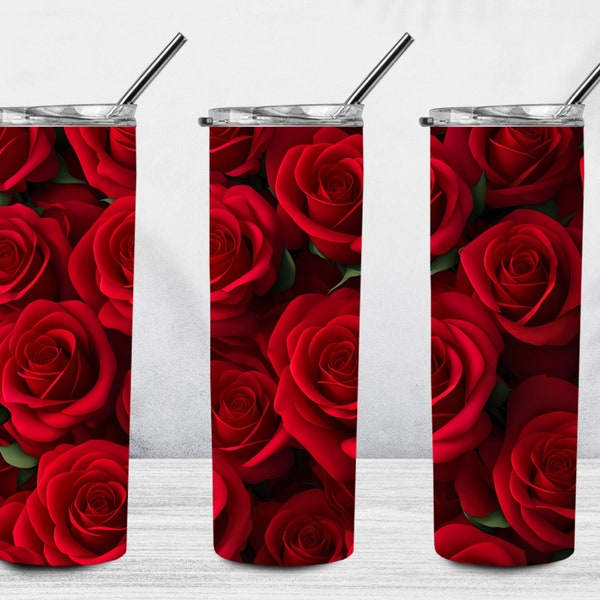 3D Red Rose 20 oz Skinny Tumbler Sublimation Design, 3D Roses Tumbler Wrap, 3D Tumbler Wrap, Floral Tumbler PNG