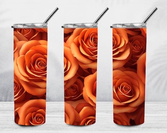 3D Orange Rose 20 oz Skinny Tumbler Sublimation Design, 3D Roses Tumbler Wrap, 3D Tumbler Wrap, Floral Tumbler PNG