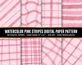 Papel digital con rayas rosas en acuarela, fondo para álbum de recortes (descarga digital)