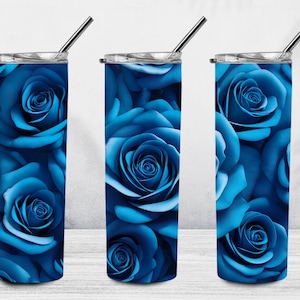 3D Blue Rose 20 oz Skinny Tumbler Sublimation Design, 3D Roses Tumbler Wrap, 3D Tumbler Wrap, Floral Tumbler PNG