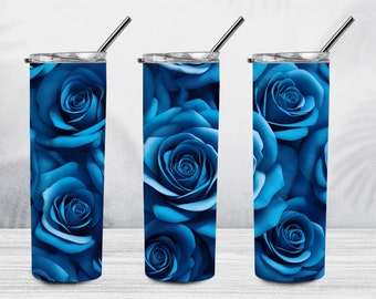 3D Blue Rose 20 oz Skinny Tumbler Sublimation Design, 3D Roses Tumbler Wrap, 3D Tumbler Wrap, Floral Tumbler PNG