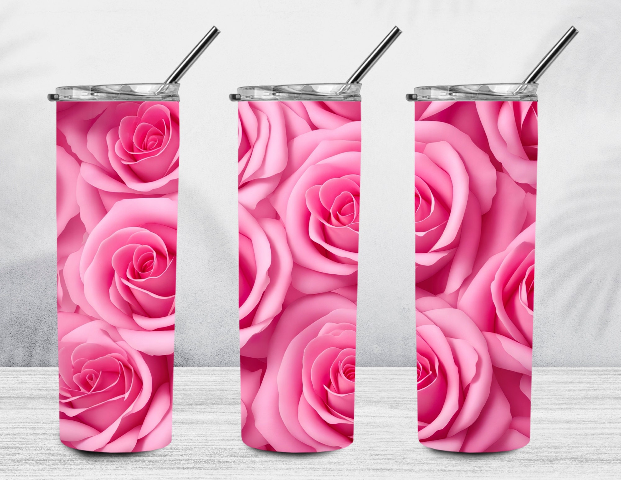 3D Pink Rose 20 oz Skinny Tumbler Sublimation Design, 3D Roses Tumbler Wrap, 3D Tumbler Wrap, Floral Tumbler PNG