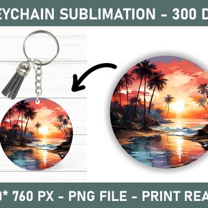 May include: A round keychain featuring a sunset scene with palm trees and a reflection of the sun in the water. The keychain is 760 pixels by 760 pixels and is a PNG file.