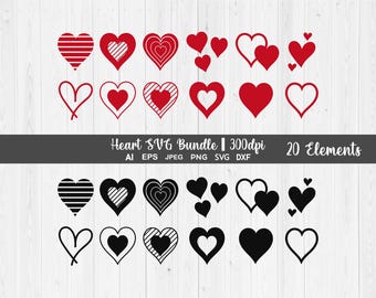 Paquete de archivos SVG de corazones dibujados a mano, archivos de corte de garabatos de amor (descarga digital)